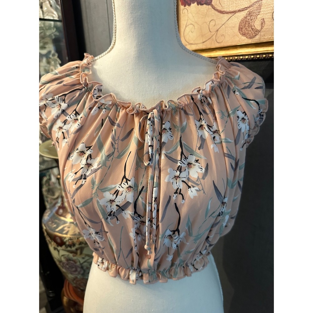 Hello Miss Peach Floral Cropped Blouse Off Shoulder Ruffle Top Medium